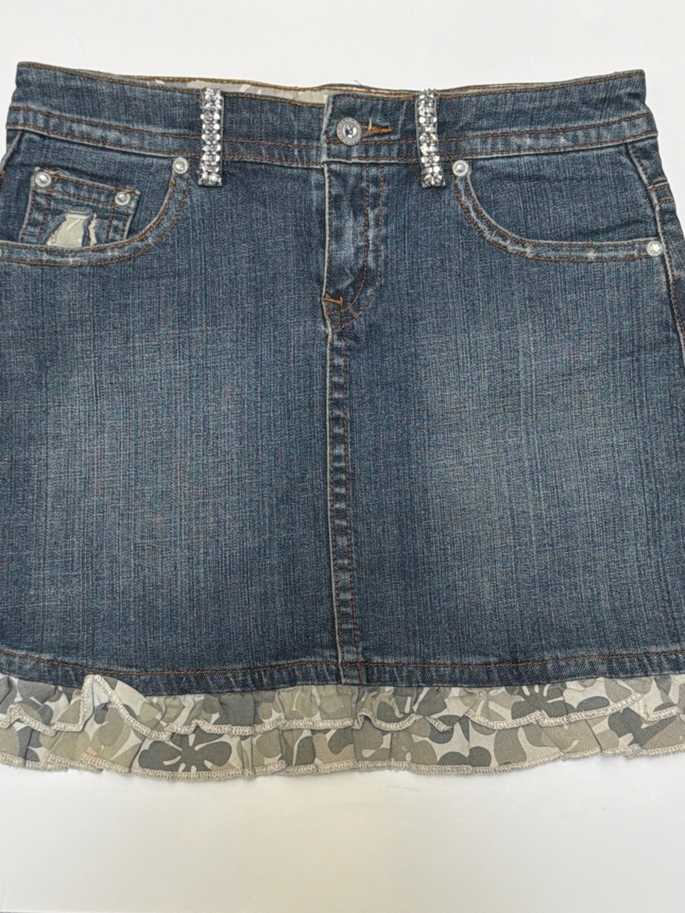 Kappahl Girls' Y2K Blue Denim Skirt with Camo Ruffle Hem - Sz L